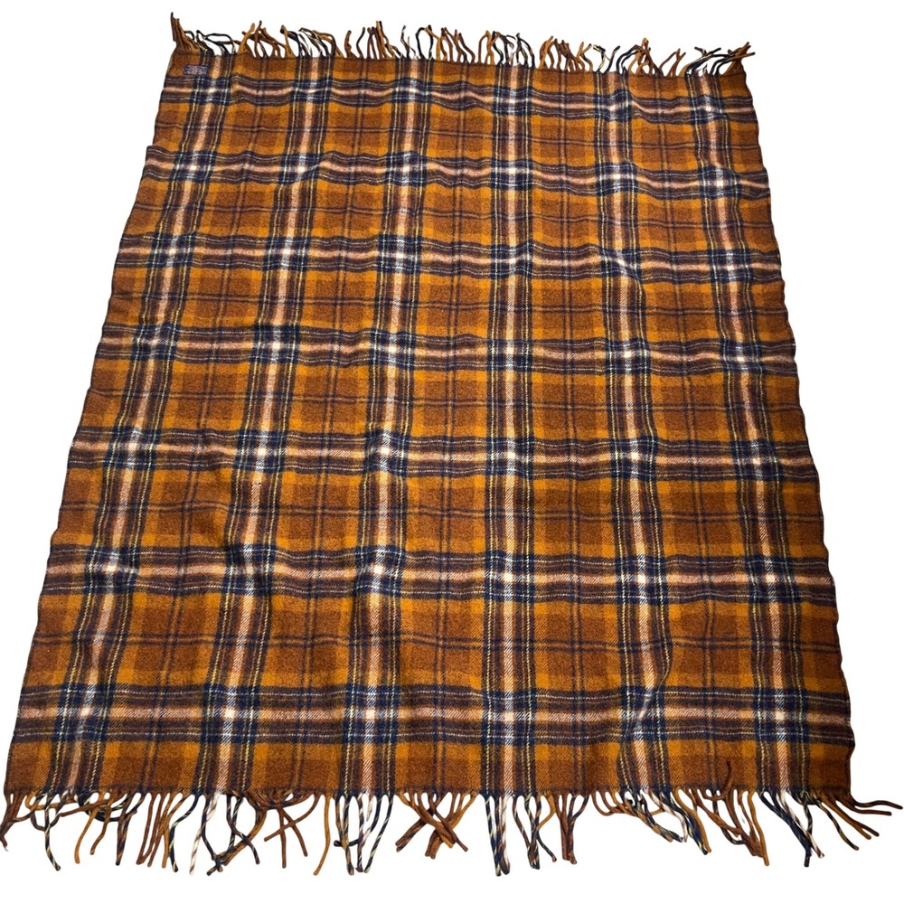 Pendleton Vintage Wool Motor Robe Throw Blanket Plaid Rust Orange Navy usa 58x48